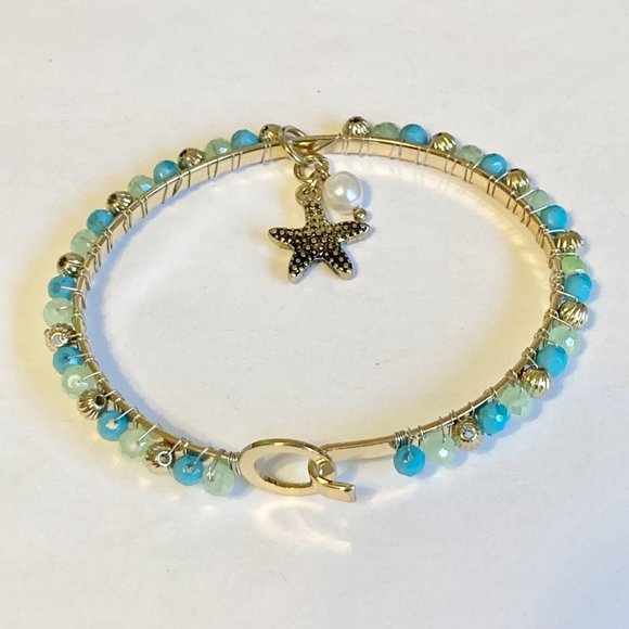 Aqua Bead Pearl Starfish Bangle Bracelet Gold Tone Plated Freshwater Sea Life - Picture 8 of 12